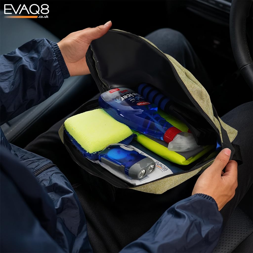 EVAQ8 Car Winter Intermediate Pack – De-icer Spray, Soft-Grip Ice Scraper, Demister Sponge, Wind-Up Torch, Foil Blanket & High-Visibility Vest in Deluxe Gift Bag