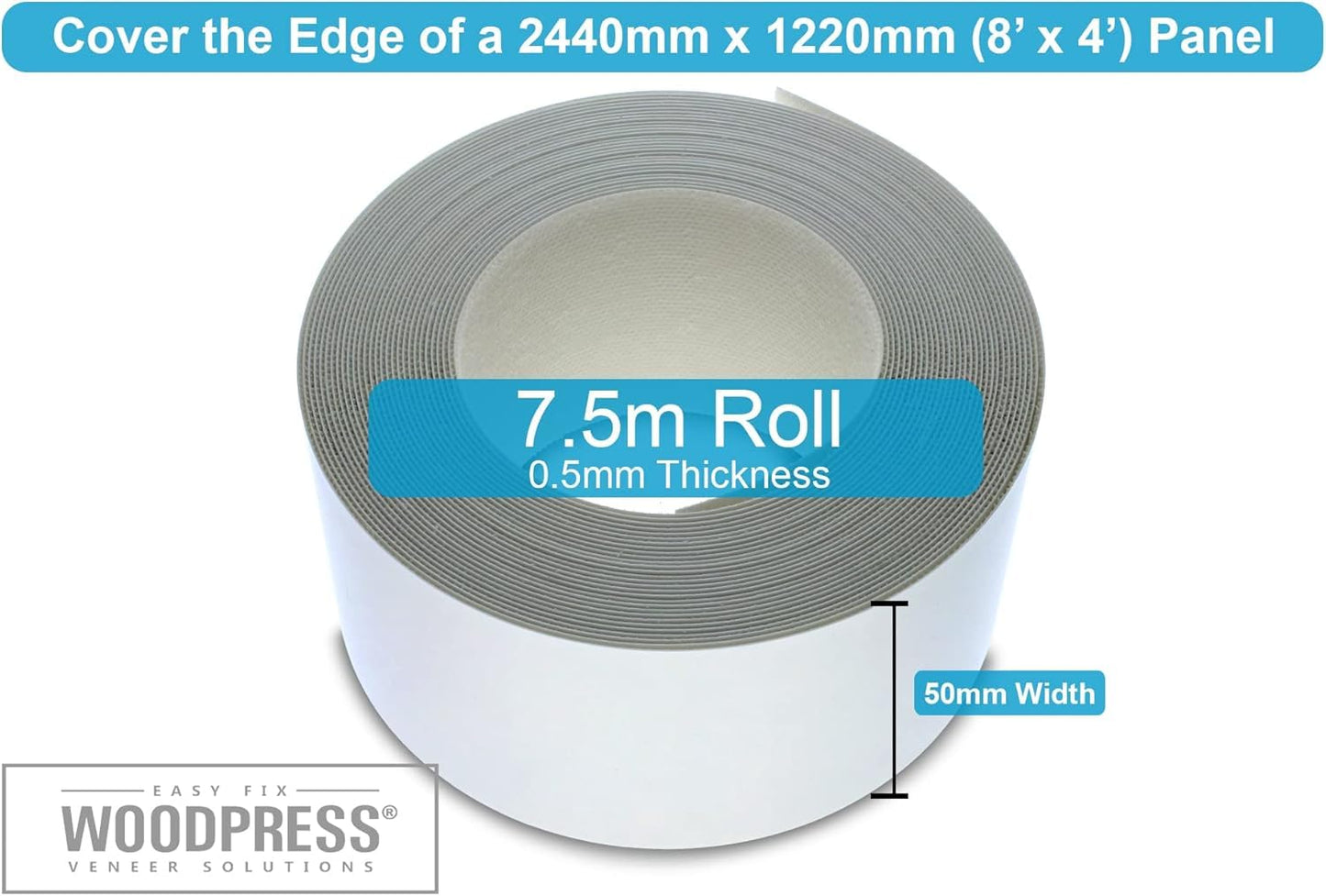 WoodPress® 50mm Matt White Melamine Edging, Pre-Glued Veneer Tape – 7.5m Roll - Iron-On for Easy DIY Application – Will Cover the Edge of a Standard MDF Panel