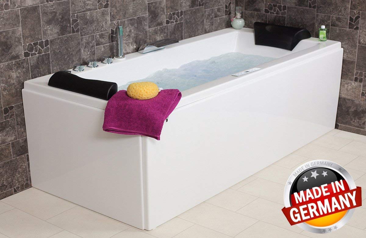 Whirlpool Bathtub Relax Professional Made in Germany 180/190/200 x 80/90 cm with 24 Massage Nozzles + Underwater Lighting Heating Ozone Disinfection with Brass Fittings
