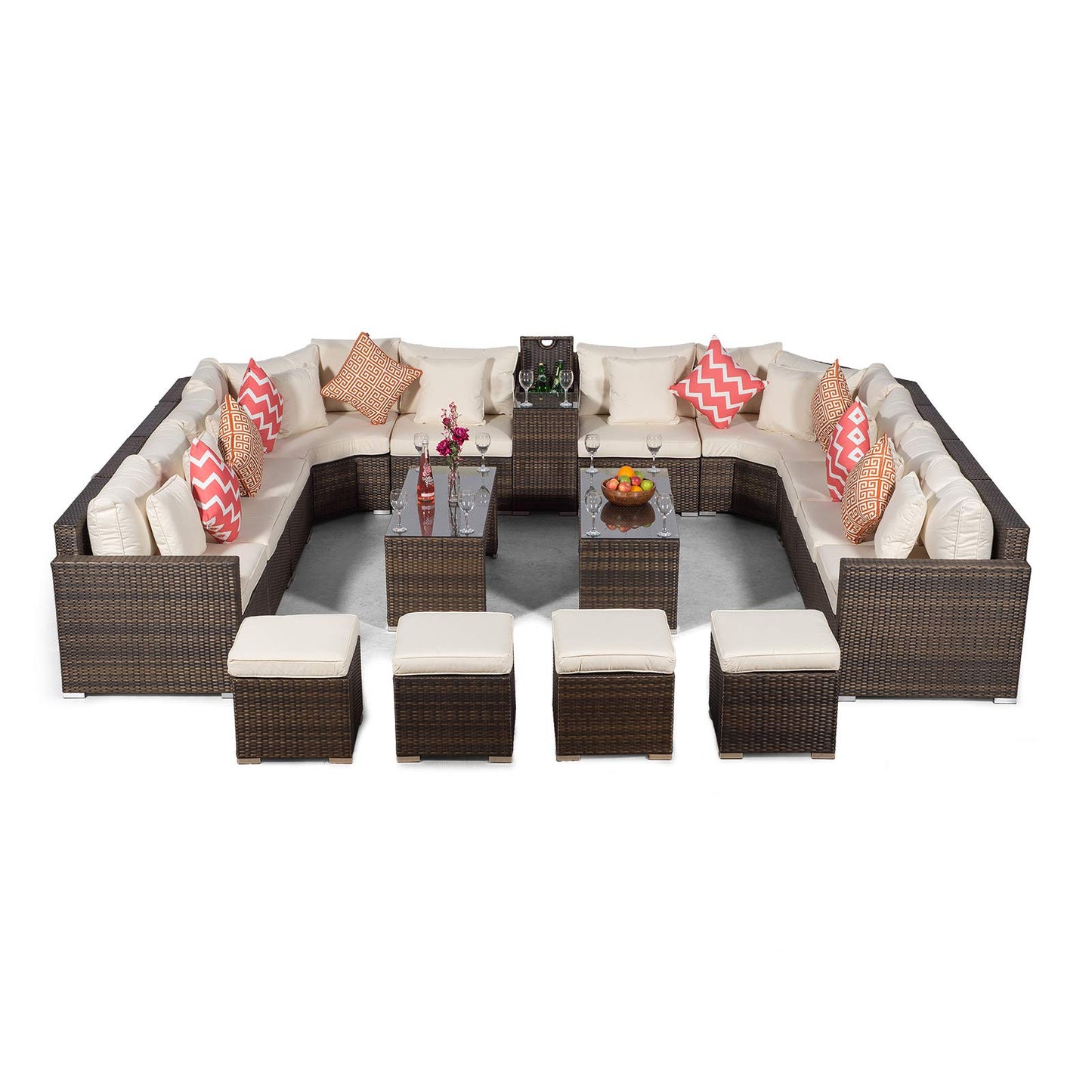 Giardino Santorini Large 10 Seater Brown Rattan Sofa Set + 2 Coffee Tables, 4 Stools + Armrest Cooler + Outdoor Rattan Furniture Cover | Modular Poly Rattan Garden Sofa Set | Outdoor Conversation Set