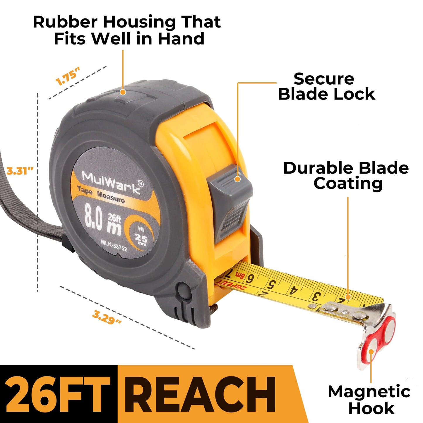 MulWark 8m/26ft Measuring Tape Measure | Metric & Imperial Dual Scale | Magnetic Hook & Wide Blade | Both-Side Metal Blade | Shockproof Case | for Construction, Carpentry & DIY