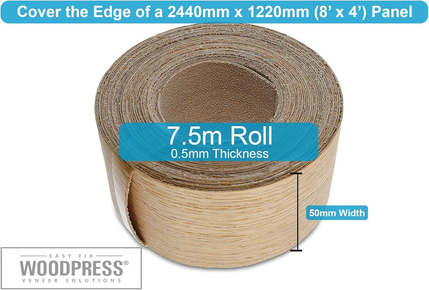 WoodPress® 50mm Real Red Oak Iron-On Edging – 7.5m Roll – Pre-Glued Wood Veneer Tape for Easy DIY Application – Will Cover The Edge of a Standard MDF Panel