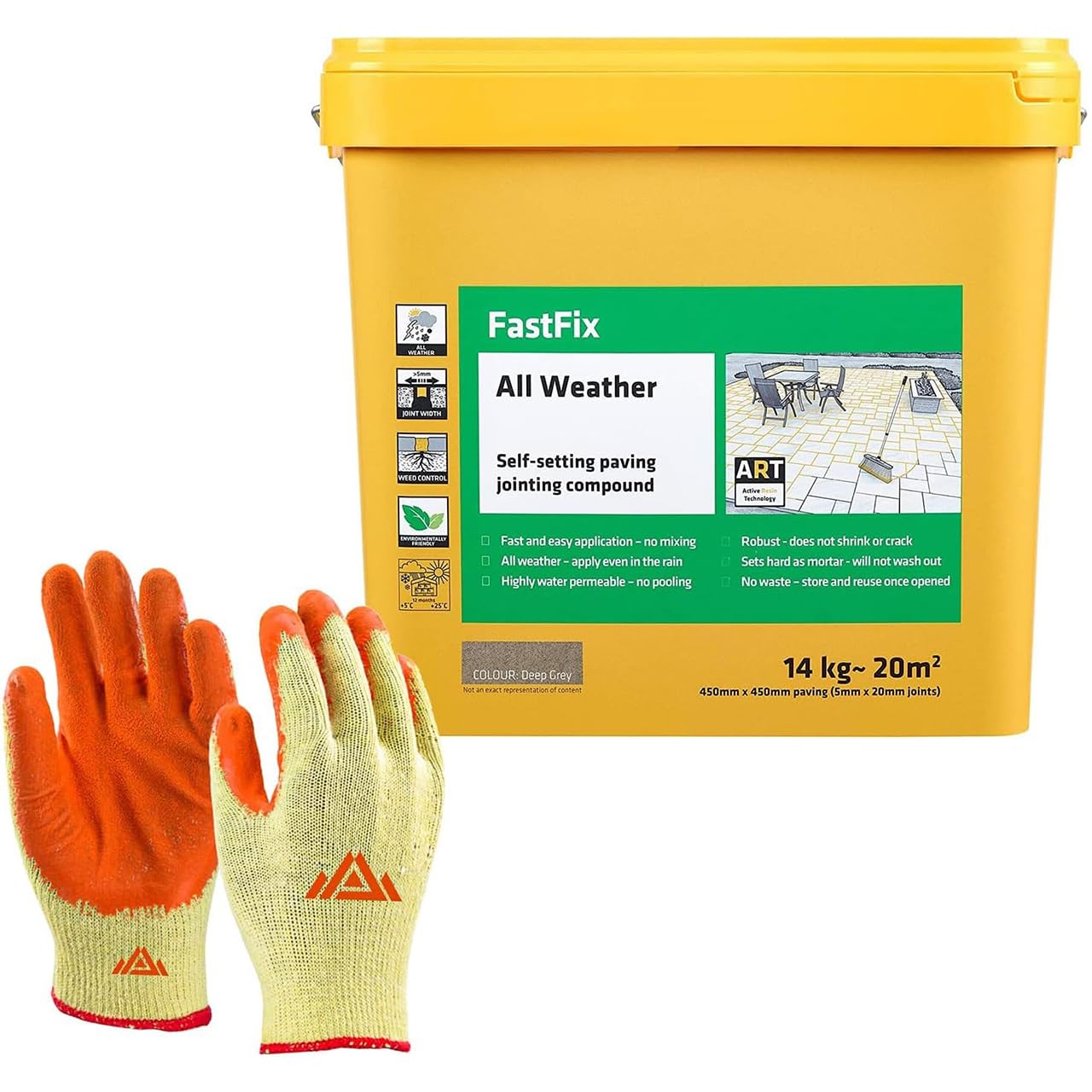 Fast Fix All Weather-Ready to Use, Self-Setting Paving Jointing Compound for Any Weather, Suitable for Stones Setts, Paving Block and Footpaths 14kg - 20 sq.m with Free Gloves (Deep Grey)