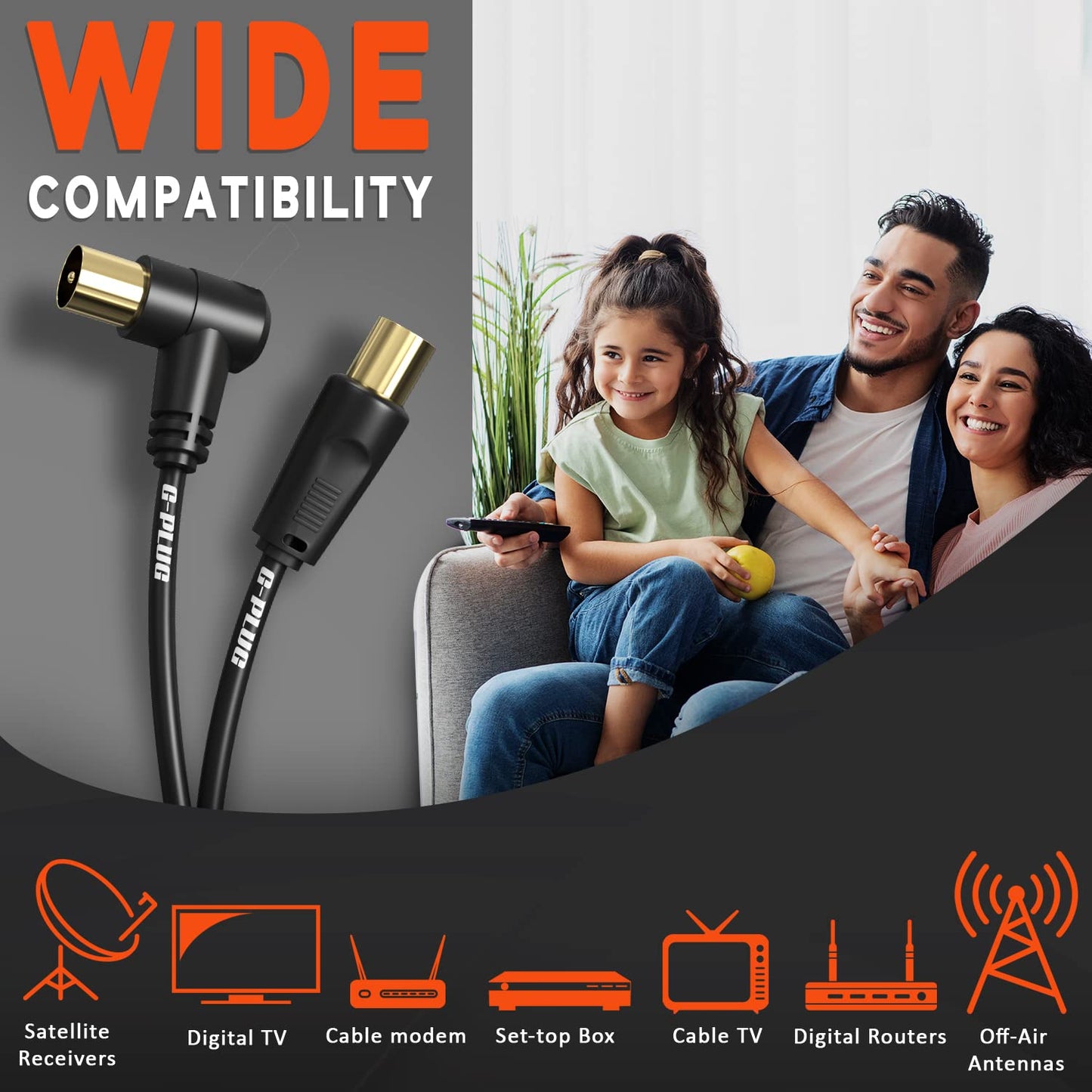 0.5m TV Aerial Cable with Right Angled Plug + Adapter – Coaxial RF Lead Male to Male – Gold-Plated Connector – Freeview, Freesat, Sky Box, BT, TV Antenna Extension