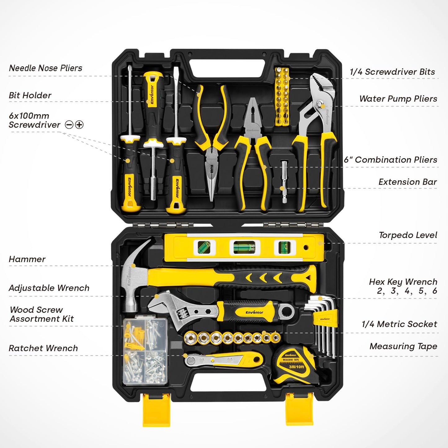 Enventor Tool Kit Set, 108PCS General Household Hand Tool Kit with Storage Toolbox, Small Tool Kits for Home