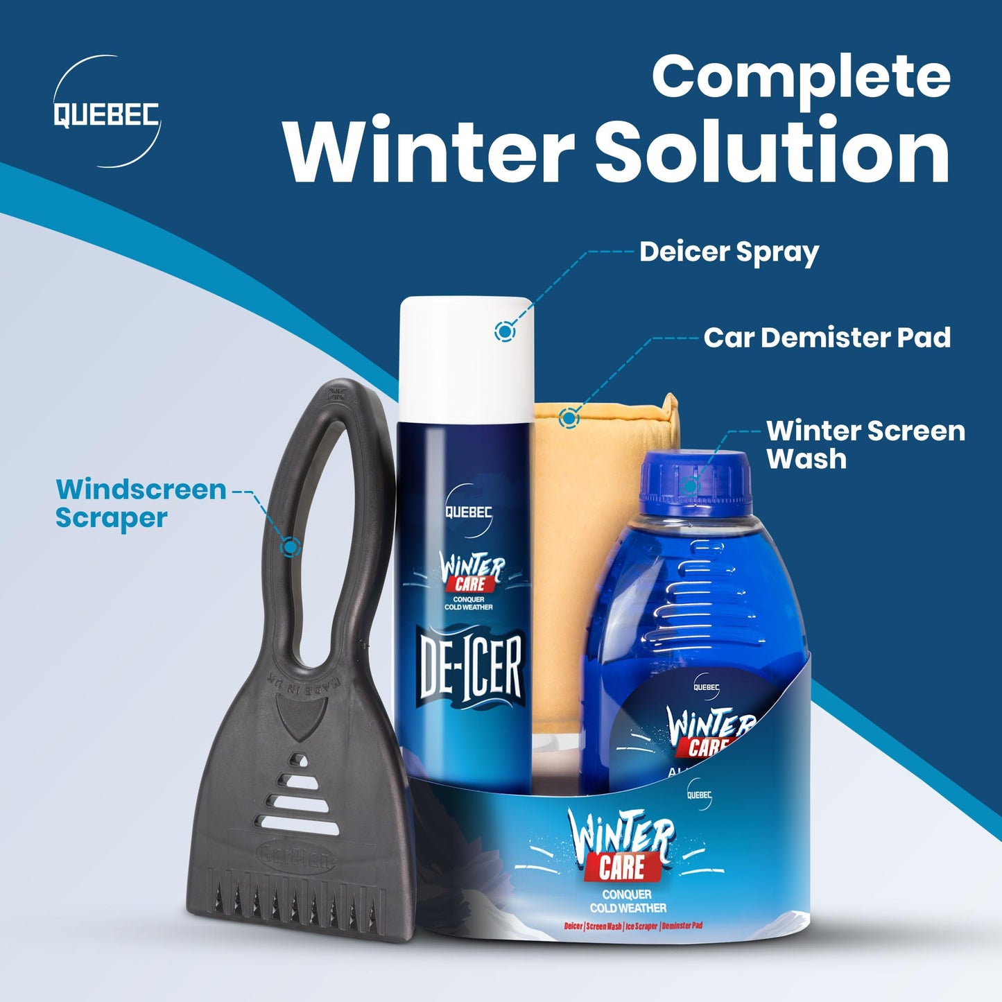 Quebec Winter Essential Gift Pack – Quick Acting Deicer – Removes Dirt and Grime Screen Wash – Prevents Re-Freezing – Ice Scraper Compact Size – Windscreen Demister Pad – Easy to Use