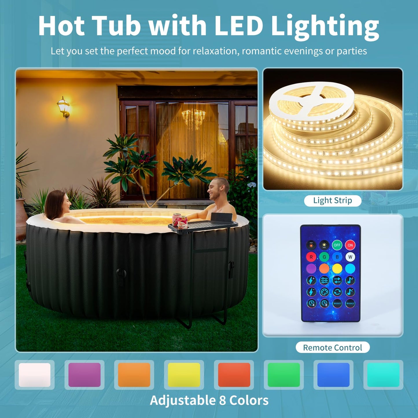 ZIKEBTUY Inflatable Hot Tub with Light 2-4 Person 2400W Portable SPA Pool Round bathtub adult Leak-Proof Blow up Hot Tub with Insulated Cover & Heater Pump for intdoor Outdoor SPA Pool (Circle)