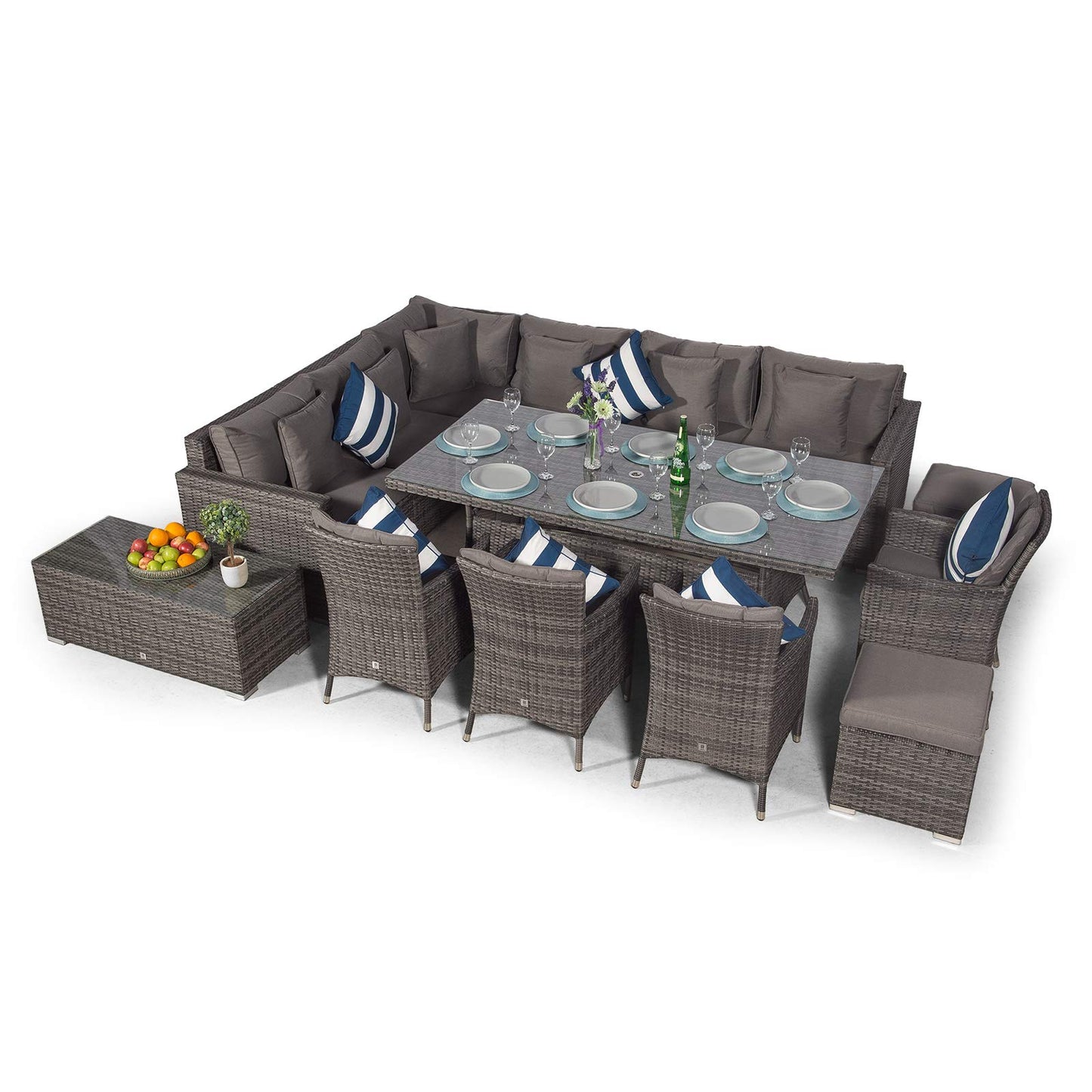 Giardino Havana 10 Seat Grey Rattan Corner Sofa Dining Set with 2x1m Rattan Dining Table, 4 Rattan Dining Chairs, Coffee Table, Parasol & Outdoor Furniture Covers | Rattan Dining Garden Furniture