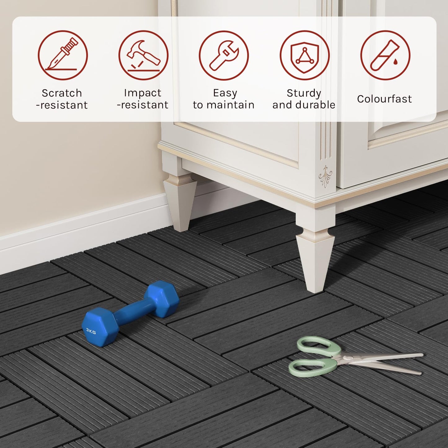 WOLTU WPC Composite Decking Tiles Set of 11 Interlocking Wood Effect Terrace Tiles Flooring with Click System - Anthracite, 30 x 30 cm, GTF001an