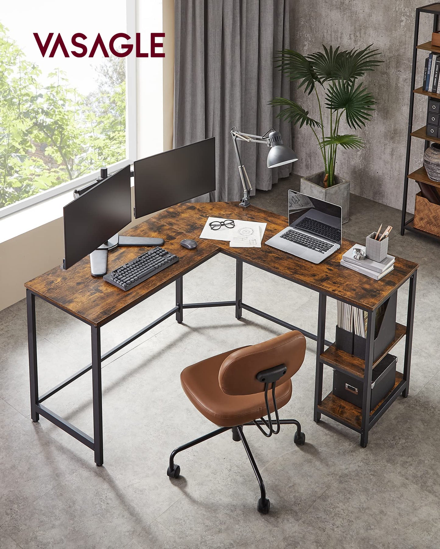 VASAGLE Computer Desk, L-Shaped Corner Desk, Gaming Desk, Workstation with 2 Storage Shelves for Home Office, Space-Saving, Easy to Assemble, Rustic Brown and Black LWD72X