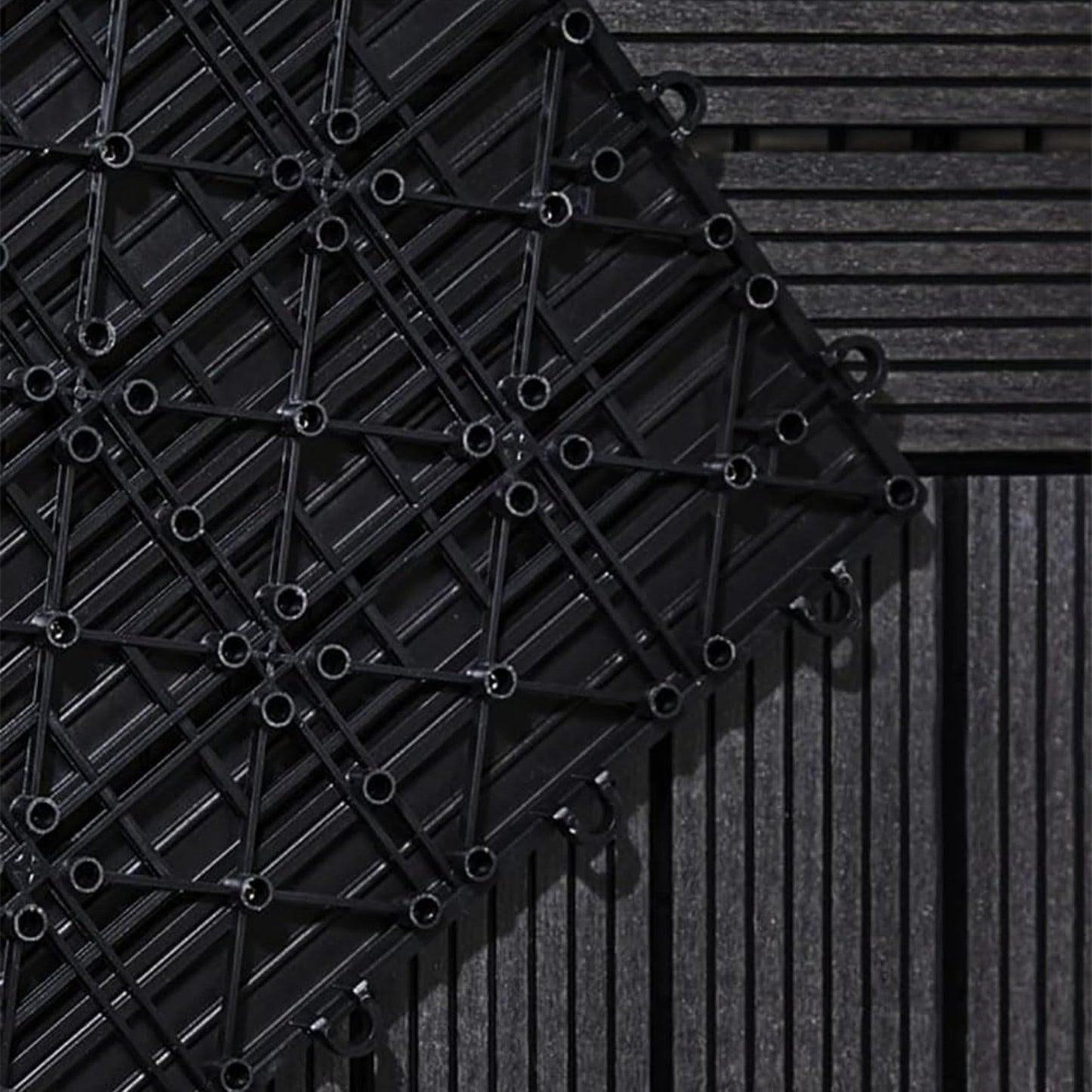 AAMEN Wood-Plastic Black Composite Decking Tiles Outdoor, Interlocking Non Slip Flooring Tile for Garden, Floor Patio Balcony Path Slab Deck Flooring Tub Surface Square 45cm (Pack 4)