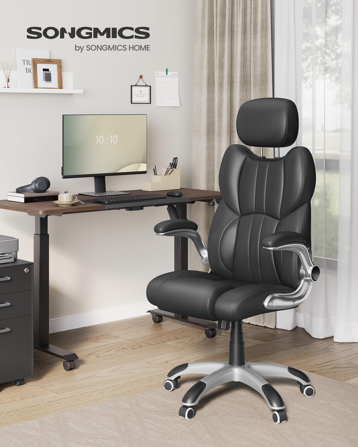 SONGMICS Office Chair, Ergonomic Gaming Chair, Adjustable Headrest, Tilt Function, Foldable Armrests, Swivel Castors, Adjustable Height, E-sports Chair, Ink Black OBG65BKUK