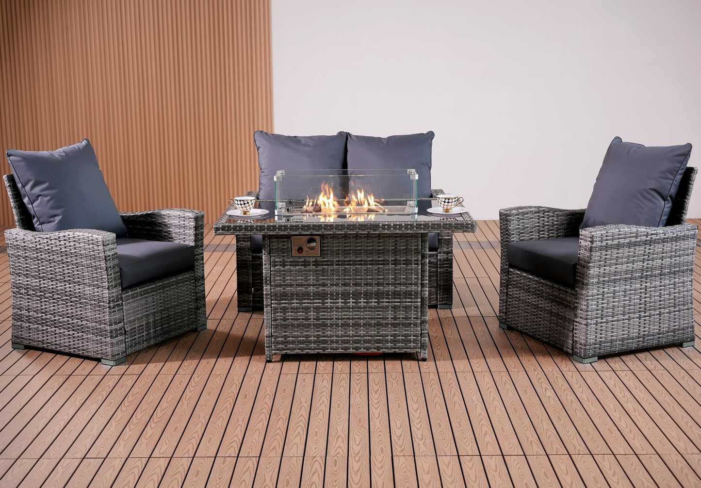 GOODS EMPORIUM 4 Seater Rattan Garden Furniture Set with Fire Pit Table - Outdoor Patio furniture - Conservatory Sofa sets - RAIN COVER INCLUDED (Dark Grey, 4 Seater with Fire Pit Table)