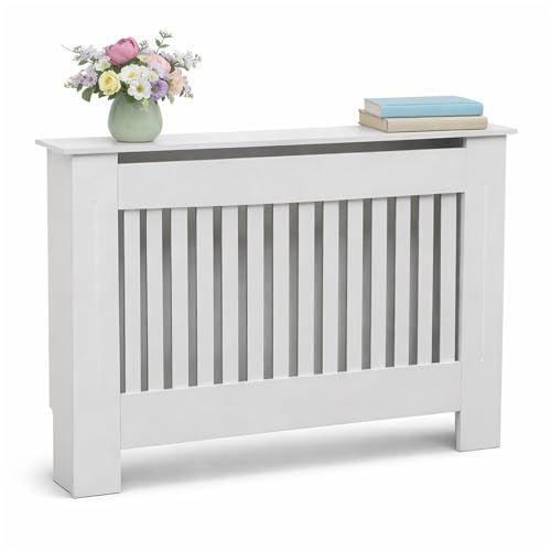 Oypla Medium White Wooden Slatted Grill Radiator Cover MDF Cabinet