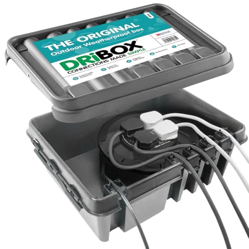 DRiBOX – Large Black IP55 Weatherproof Outdoor Electrical Connection Box 40 x 31 x 14.5cm – Power Cord Enclosure for Christmas Lights, Timers, Extension Cables, Leads, Reels, Transformers (1 Box)