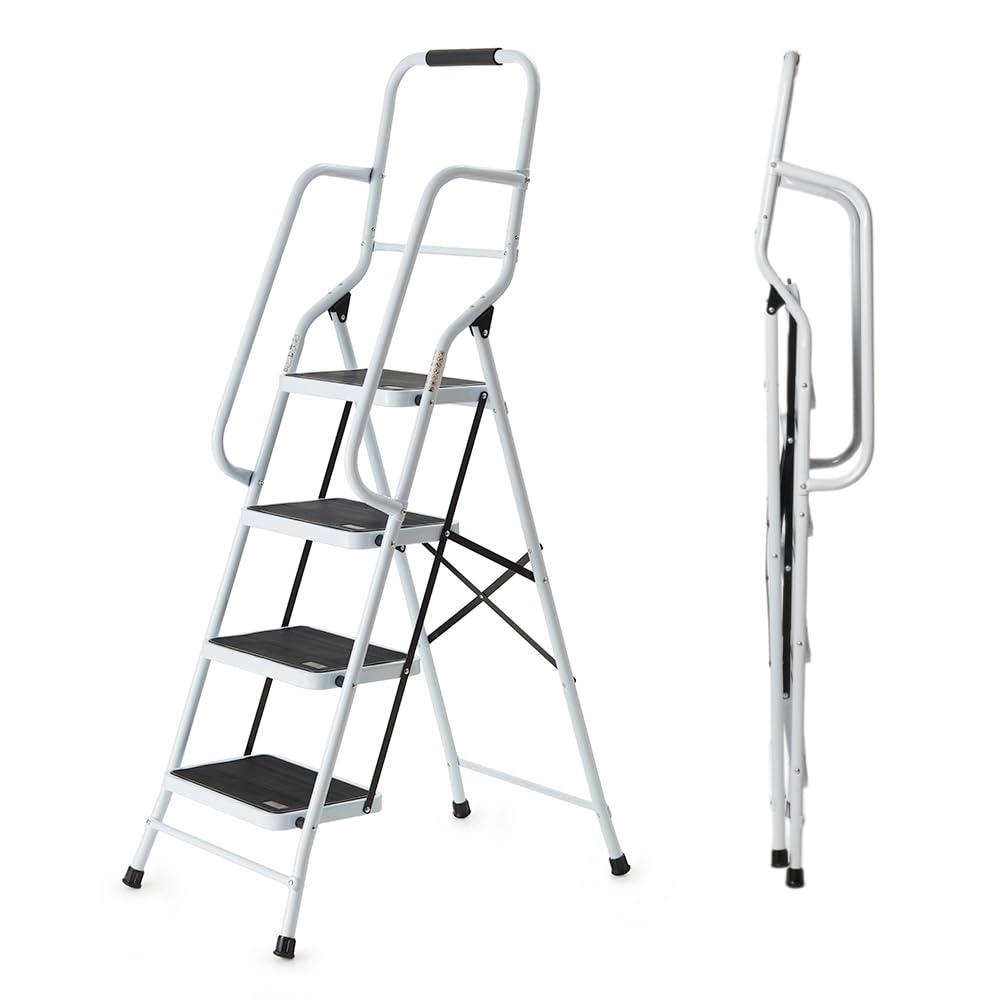 Easylife Safety Folding Step Ladder, 4 Step Ladder, Strong, Non-Slip Rubber Steps With Rail Support And Grip Tight Ridges, 96x159cm - Safety Step Ladders By Easylife Lifestyle Solutions