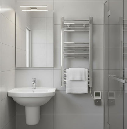 Greened House Electric Chrome 400W x 800H Flat Towel Rail + Timer and Room Thermostat Bathroom Towel Rails