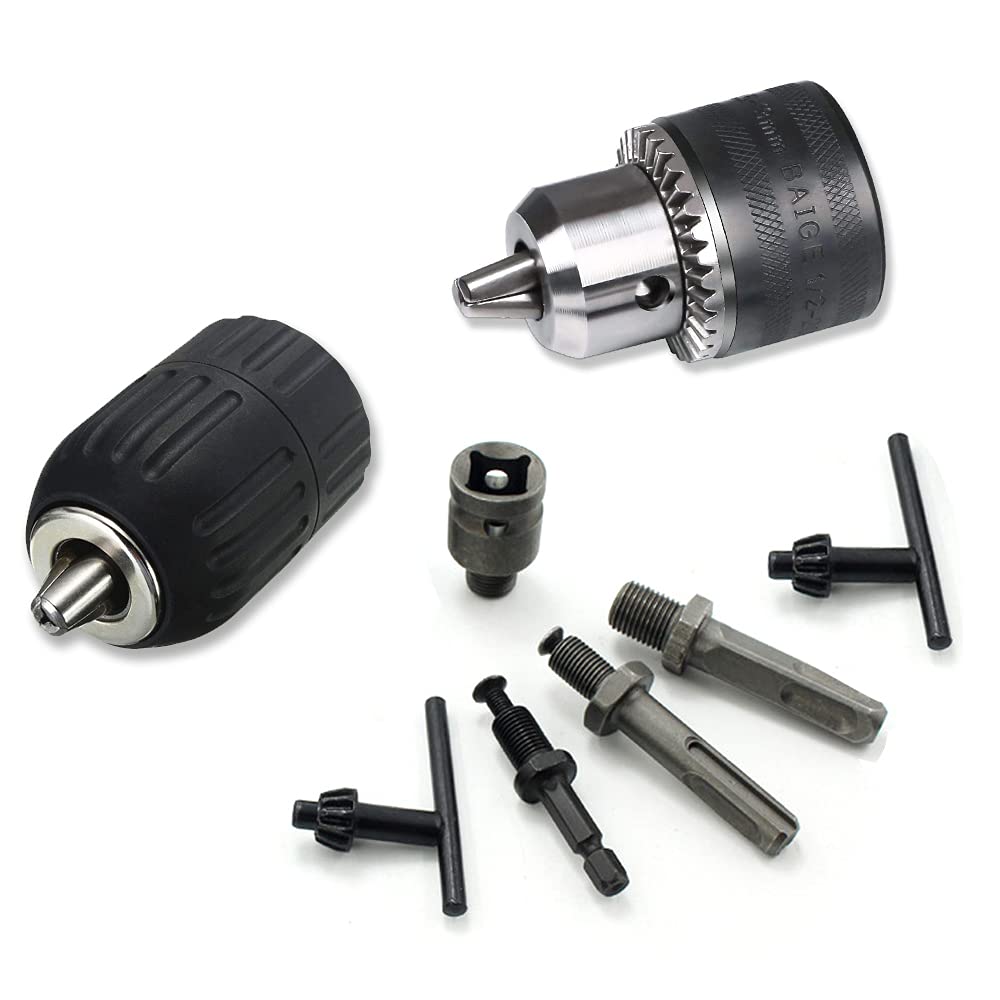 8pcs 1/2" 1.5-13mm -20UNF Precise Keyed Drill Chuck Converter Tool Kit with 1/2" Heavy Duty Socket Adapter, 13mm Drill Chuck Key, 1/4" SDS-Plus and Hex Shank Convert Impact Driver Hammer