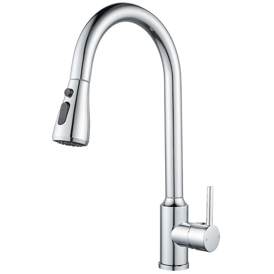 NewEast Kitchen Mixer Tap, Single Lever Kitchen Tap with Pull Out Sprayer, Swan Neck Kitchen Faucet, Chrome, Stainless Steel