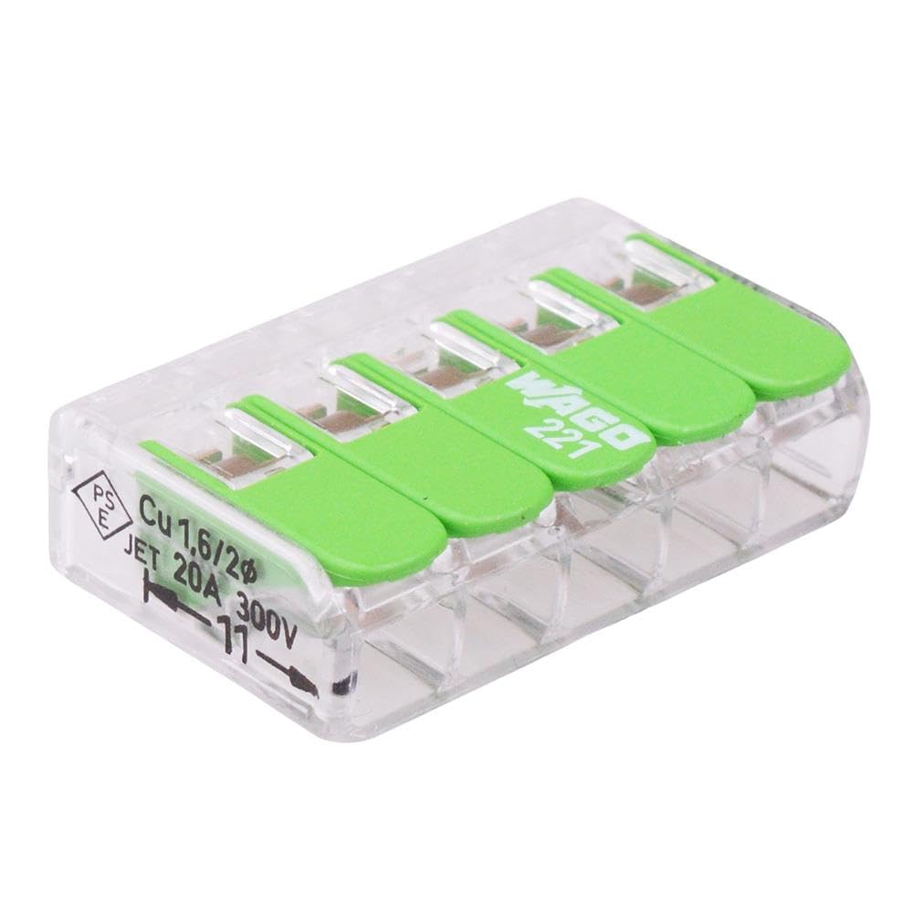 221-425 WAGO Green 5-Way Compact Lever Connector 4mm² 32A (Pack of 5)