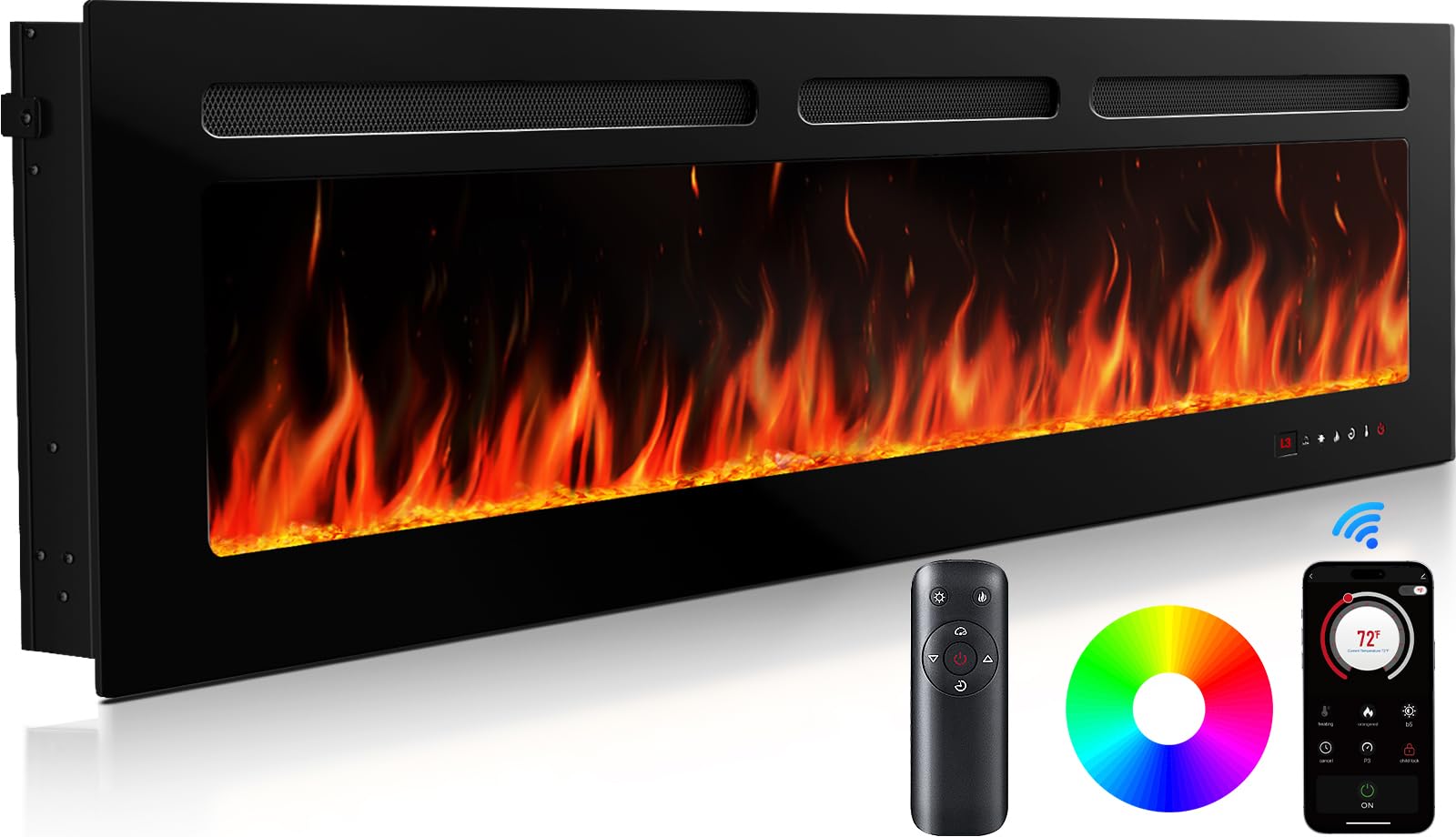 Silonn 60″/152cm Electric Fireplace, 900W - 1800W Heat Output, Ultra-Slim Wall-Mounted or Recessed Electric Fireplace Inserts with App & Remote Control, Timer, 20 Flame Colors（Black)