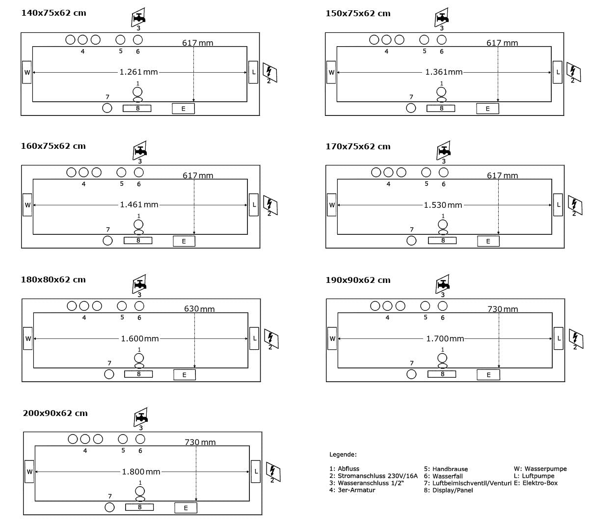 Whirlpool Bathtub Relax Professional Made in Germany 180/190/200 x 80/90 cm with 24 Massage Nozzles + Underwater Lighting Heating Ozone Disinfection with Brass Fittings