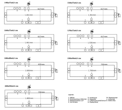 Whirlpool Bathtub Relax Professional Made in Germany 180/190/200 x 80/90 cm with 24 Massage Nozzles + Underwater Lighting Heating Ozone Disinfection with Brass Fittings