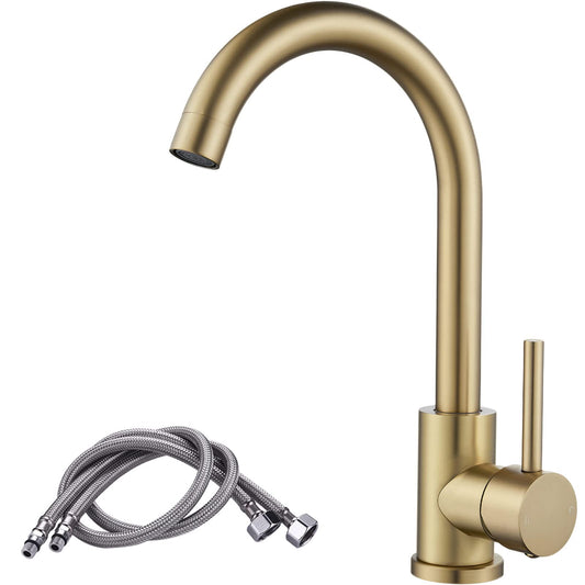 Brushed Gold Kitchen Tap, Swan Neck Single Lever Kitchen Sink Mixer Taps with Swivel Spout and Hoses, NewEast Monobloc Tap