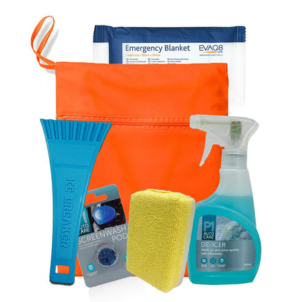 EVAQ8 Winter Car Essentials Kit For Icy Mornings Deicer - Ice Scraper - Windscreen Demister Pad - Screenwash Concentrate - Emergency Blanket