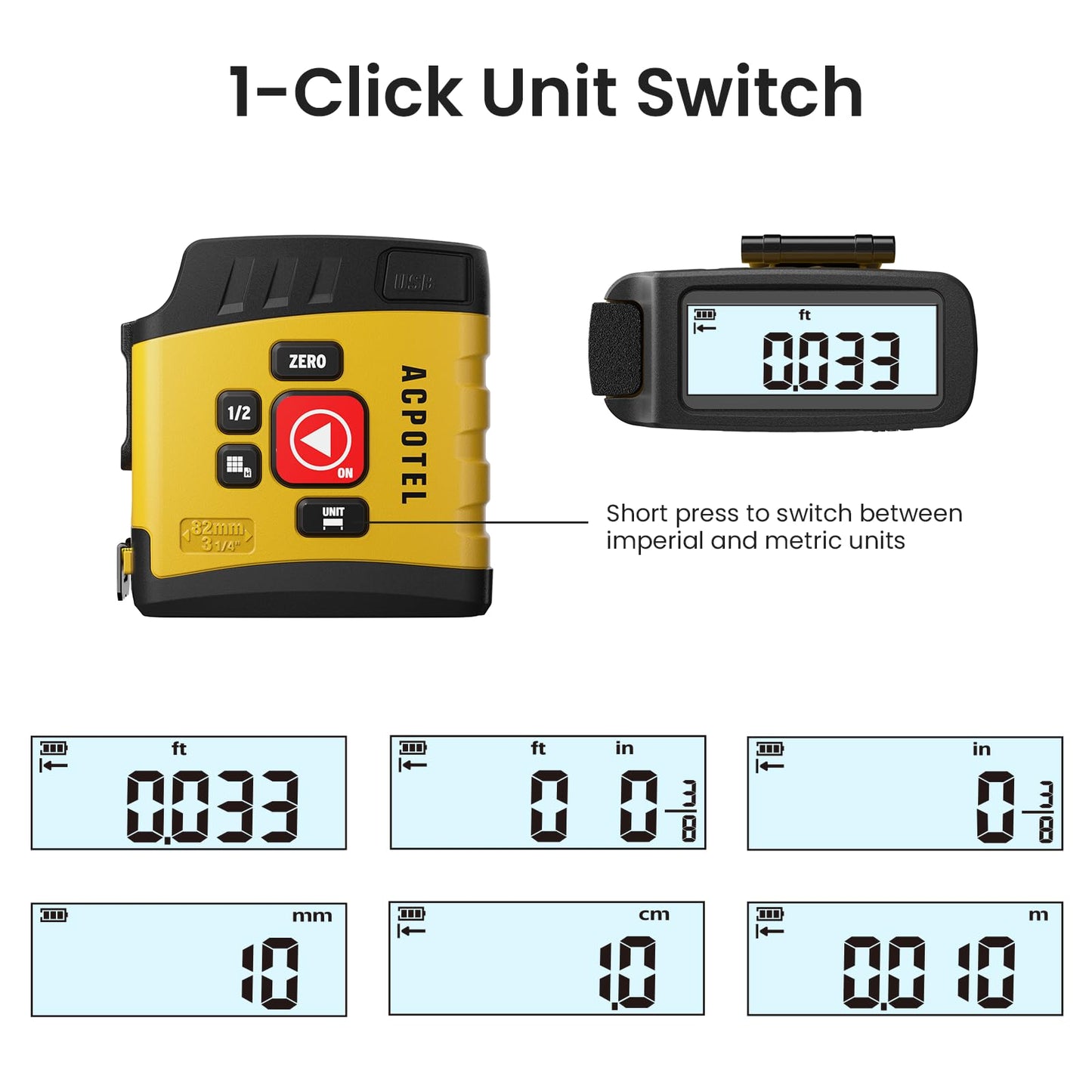 Digital Tape Measure 2 in 1, 5M with Display, Smart Tape Measure, Area Volume Measuring Pythagorean Mode, Waterproof and Rechargeable,1/2 Self Centering, 20 Groups Historical Memory
