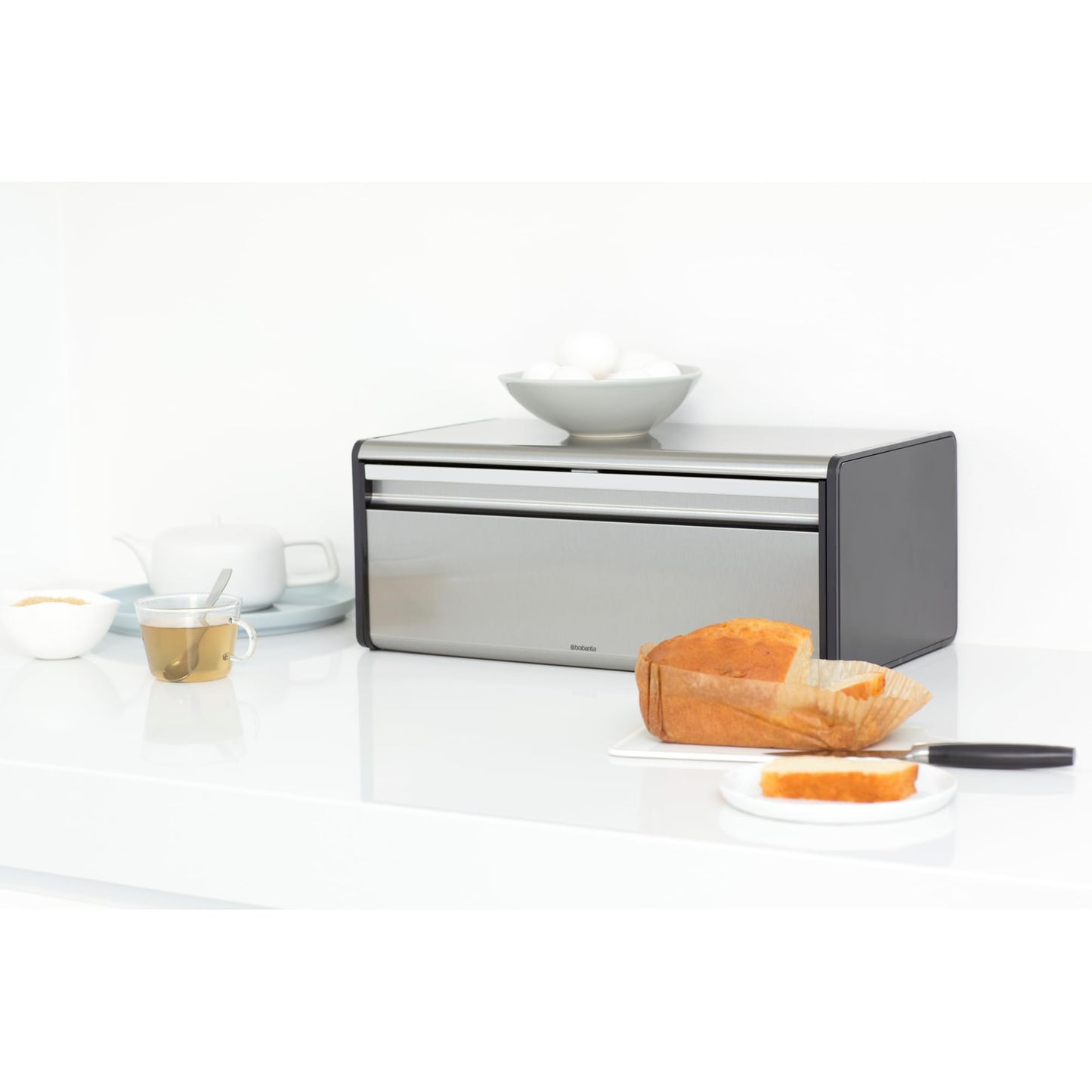 Brabantia Fall Front Bread Bin – Large Countertop Storage Box for Bread, Bagels, Rolls – Space-Saving Design with Flat Top – Matt Steel