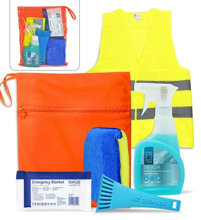 EVAQ8 Car Winter Essentials Pack – De-icer Spray, Ice Scraper, Demister Sponge, Foil Blanket & High-Visibility Vest in Bright Orange Bag