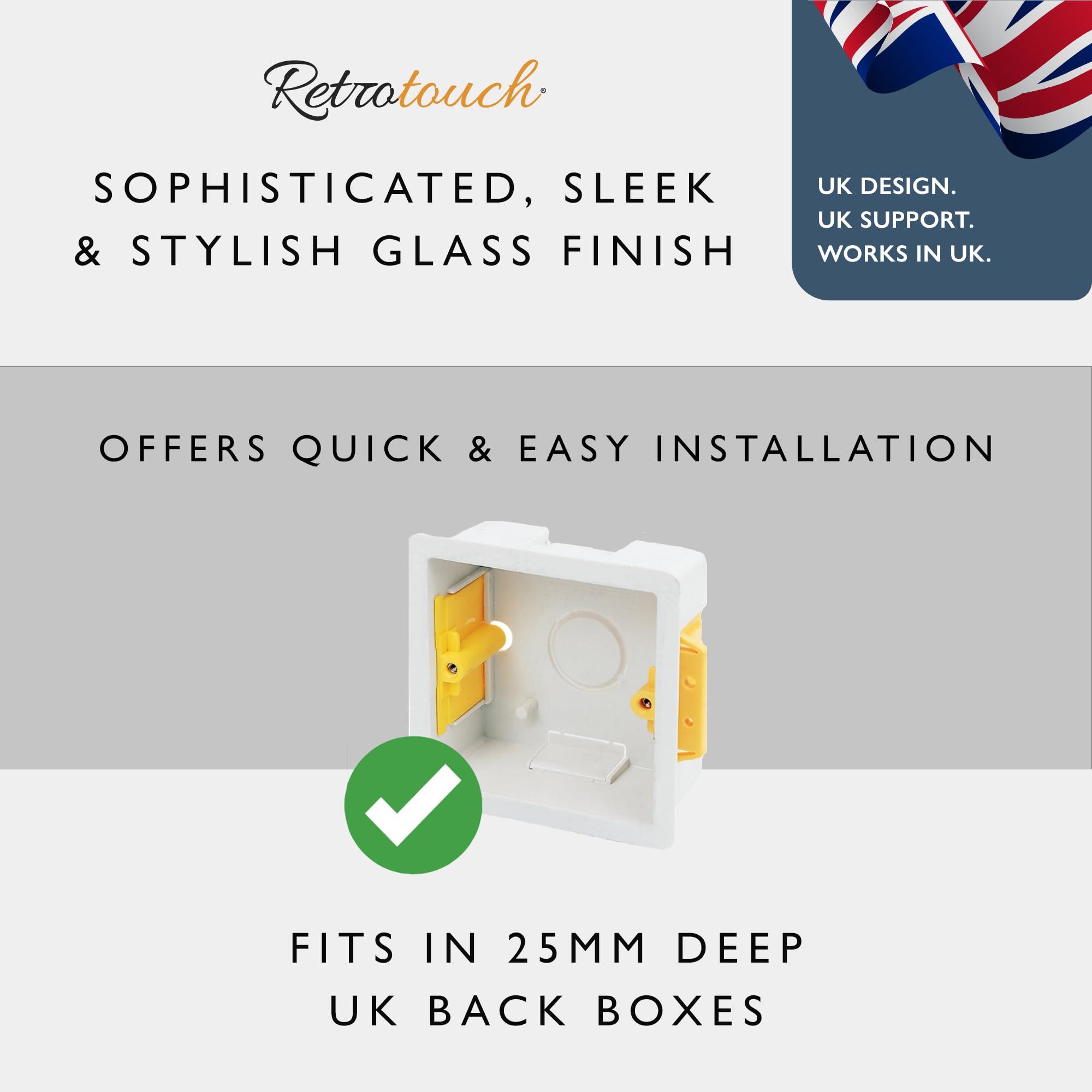 Retrotouch RMS12-W Crystal Single Light Switch, White Chrome Trim, 2-Way, 10AX, White Glass, 86 mm * 86 mm