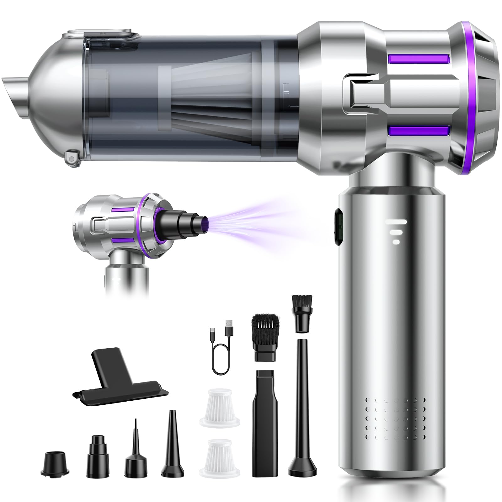 Handheld Vacuum Cleaner, 22000Pa 4-in-1 Car Vacuum Cleaner Cordless, 3 Speed Brushless Motor Mini Hoover with One-Touch Cleaning, Rechargeable Portable Air Duster for Home Car Office Pet Hair, Silver