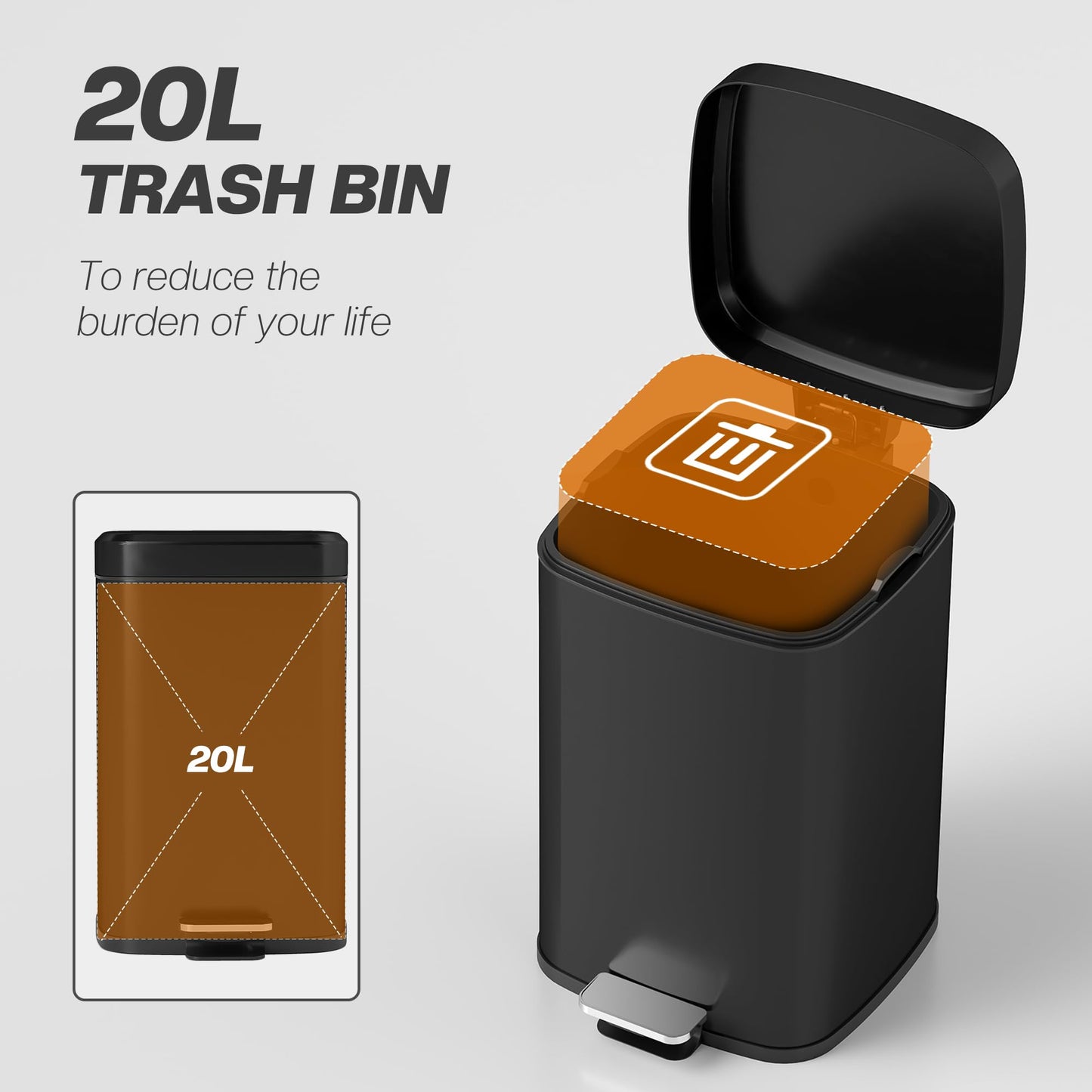 HOMCOM 20 Litre Pedal Bin, Fingerprint Proof Kitchen Rubbish Bin with Soft-close Lid, Foot Pedal and Removable Inner Bucket for Recycling and Waste, Black