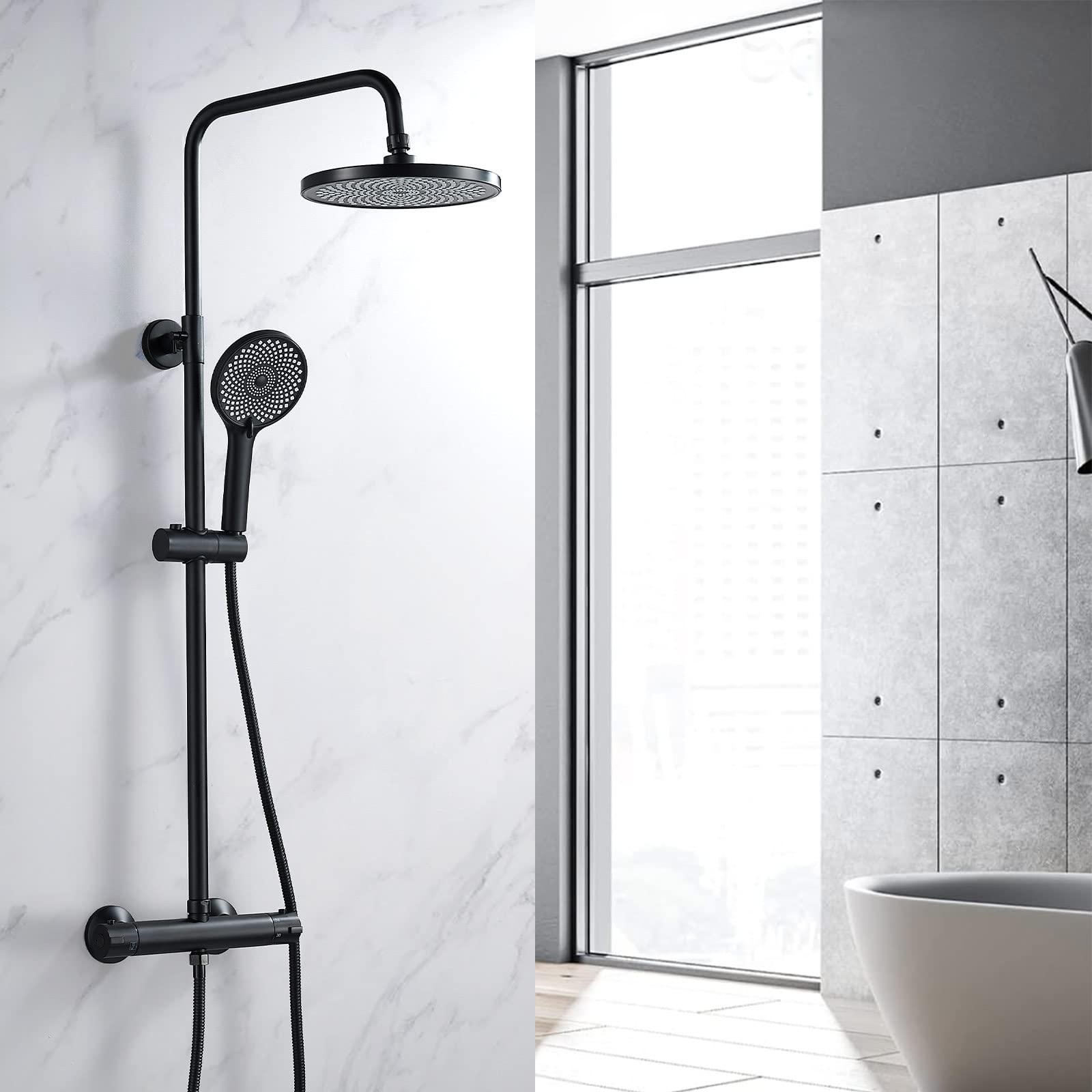 NewEast Thermostat Shower System, Black Adjustable 9" Overhead Rainfall Shower Head, Handheld Shower Head 38 °C Thermostatic Shower Mixer Set