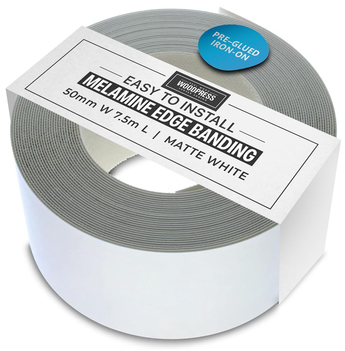 WoodPress® 50mm Matt White Melamine Edging, Pre-Glued Veneer Tape – 7.5m Roll - Iron-On for Easy DIY Application – Will Cover the Edge of a Standard MDF Panel