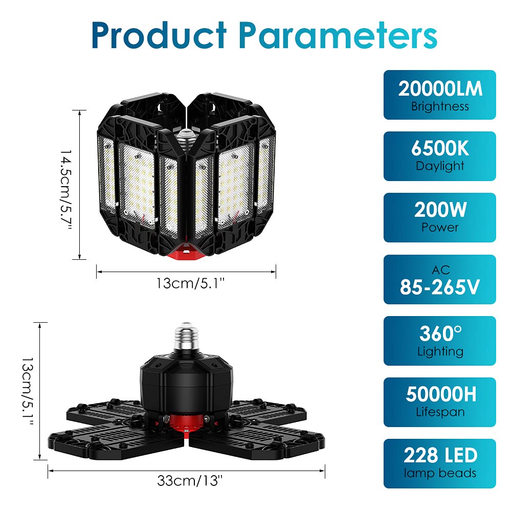 Rafow 200W LED Garage Light 1 Pack - 20000LM 6500K Deformable Ceiling Lighting Fixture with 12 Adjustable Panels - E26/E27 Bay Light for Garage | Basement | Shop | Workshop | Barn | Warehouse