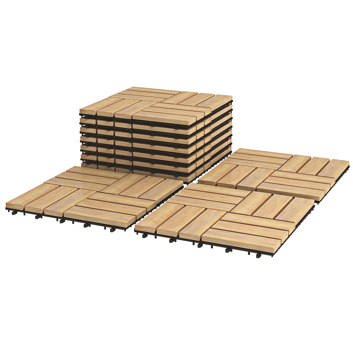 COSTWAY 10 Pcs Acacia Wood Decking Tiles, 30 x 30cm Interlocking Floor Tiles, Indoor Outdoor Waterproof Cuttable Deck Tile for Patio Garden Balcony Pavement, Tools Free Assembly