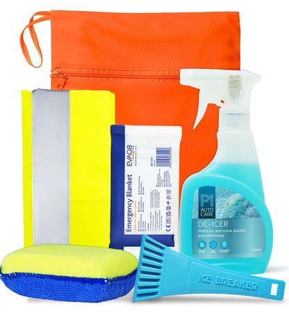 EVAQ8 Car Winter Essentials Pack – De-icer Spray, Ice Scraper, Demister Sponge, Foil Blanket & High-Visibility Vest in Bright Orange Bag