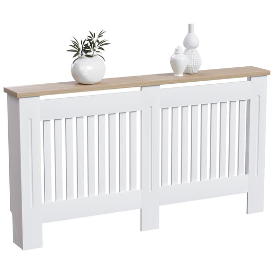 Vida Designs Arlington Radiator Cover White - Large - Modern Shaker Style Vertical Slat Design For Optimal Heat Circulation - H83.3xW152xD19cm - Painted MDF Cabinet with Wood Top Shelf