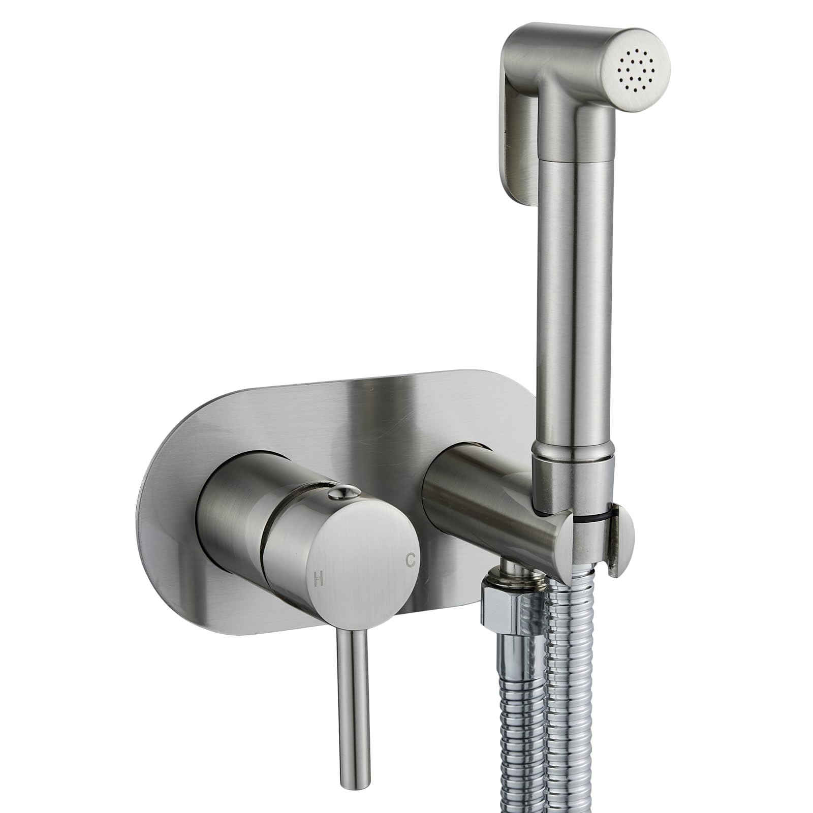 NewEast Hot and Cold Brass Bidet Sprayer Kit Concealed Wall Mount Toilet Douche Muslim Bidet Shattaf Shower Kit Set Brushed Nickel