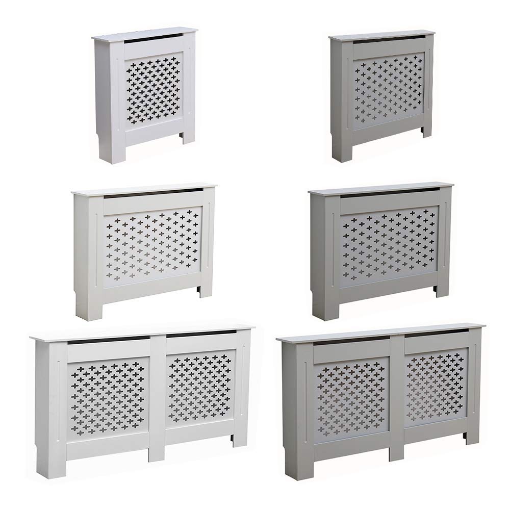 AVC Designs Kensington Radiator Cover Modern MDF Wood White Grey Cross Pattern Living Room Bedroom Hallway Cabinet (Medium White)