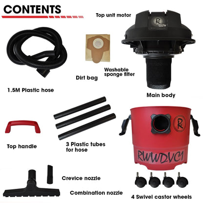 RocwooD Wet And Dry Vacuum Cleaner 15L 230 V 1250W 3 In 1 Bag Hoover With Blower Cleaning & Filter Light Weight & Portable Powerful Tub Vacuum Cleaners Electric Carpet & Floor Hoovers