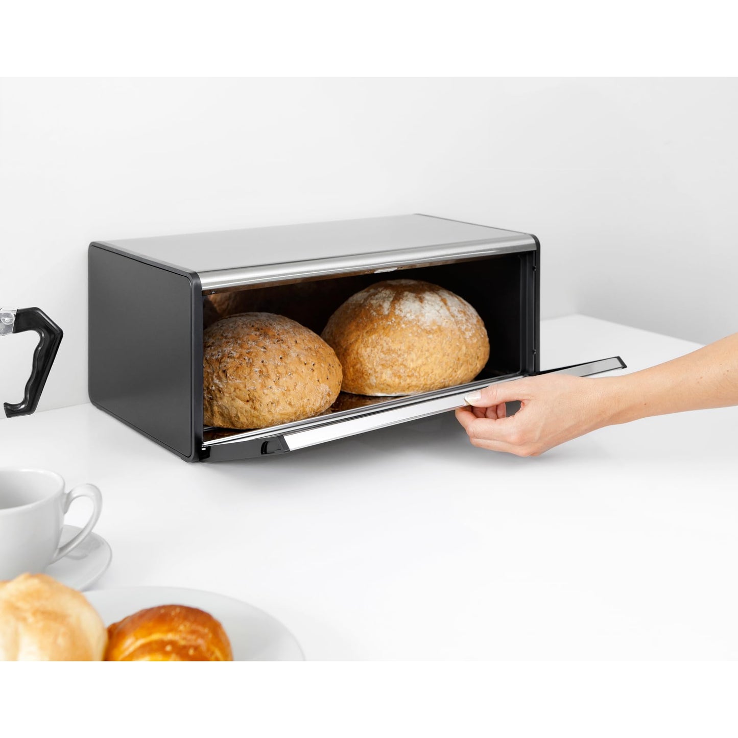 Brabantia Fall Front Bread Bin – Large Countertop Storage Box for Bread, Bagels, Rolls – Space-Saving Design with Flat Top – Matt Steel