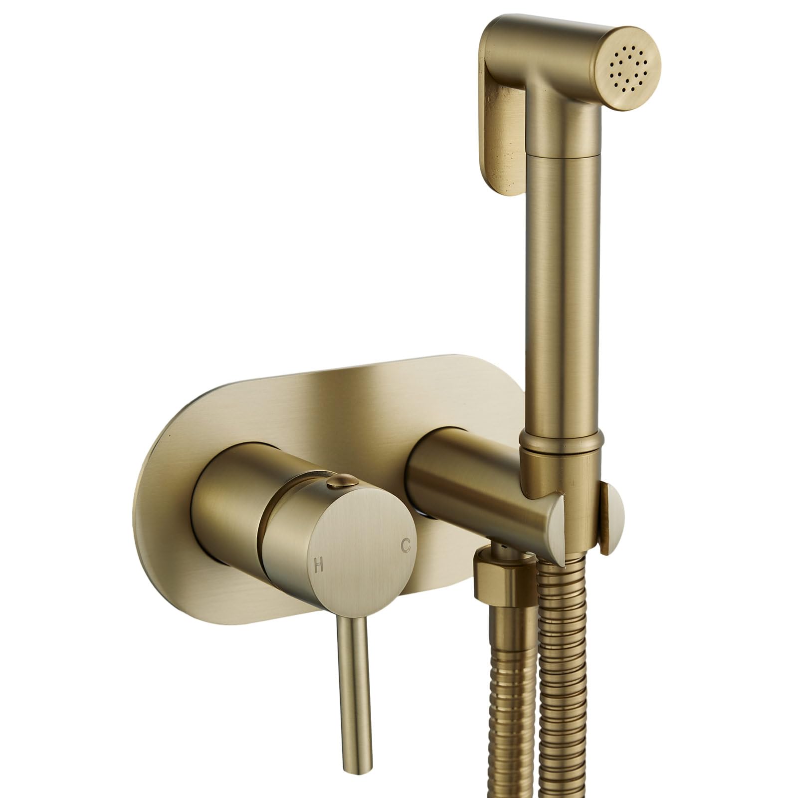 Bidet Sprayer Mixer Bidet Spray Kit, NewEast Round Brushed Gold Muslim Douche Set Shattaf, Hot and Cold Brass Bidet Set