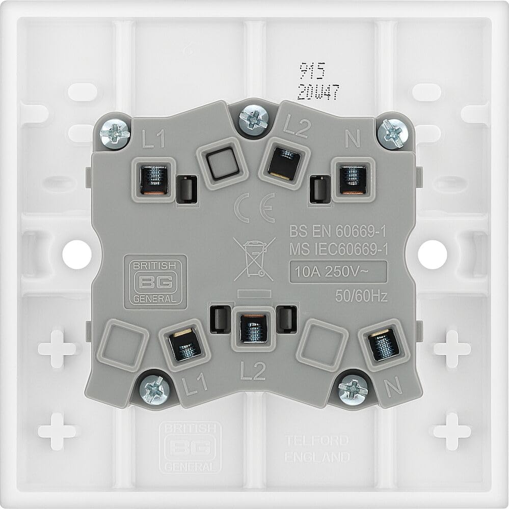 British General BG Electrical Fan Isolator Switch for Bathrooms and Ensuites, Triple Pole, Single Wide Rocker, Square Edge, Nexus 900 Series, White Moulded, 10A, 915