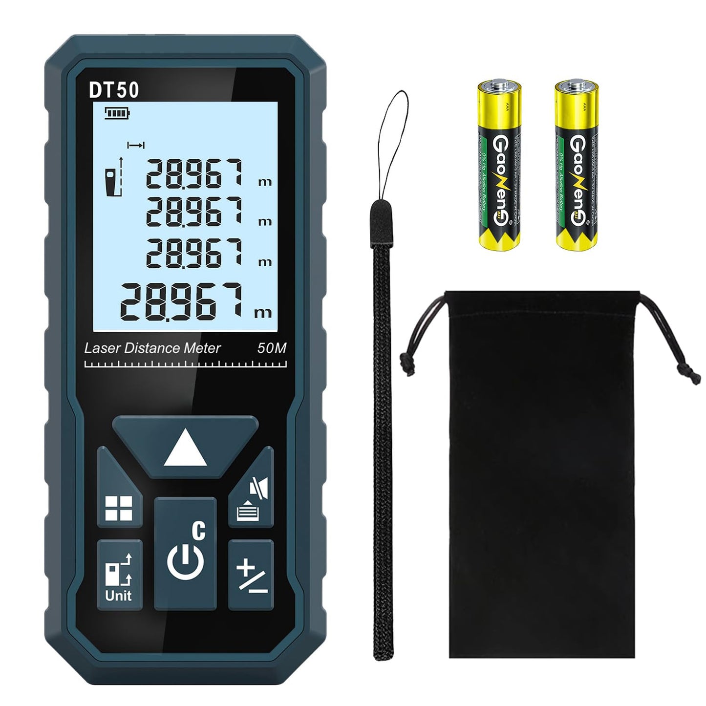 HANMATEK Laser Distance Meter 50m, DT50 Laser Measure 165ft with Portable Handle Digital Measure Tool Range Finder 4-Line Backlit Large LCD Display IP54 Shockproof