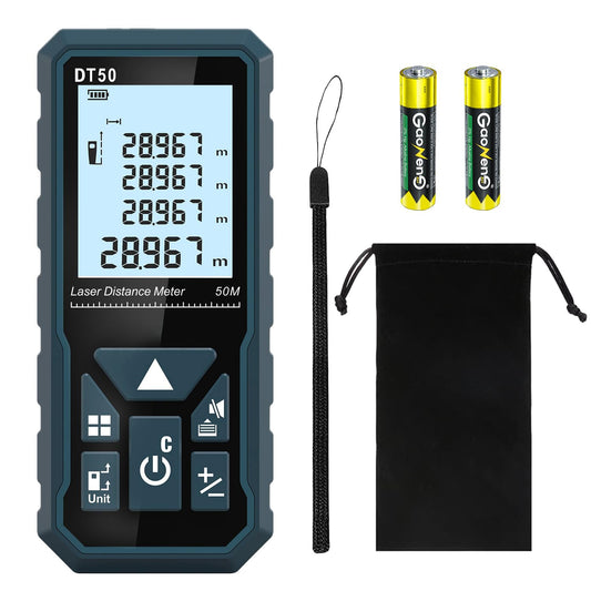 HANMATEK Laser Distance Meter 50m, DT50 Laser Measure 165ft with Portable Handle Digital Measure Tool Range Finder 4-Line Backlit Large LCD Display IP54 Shockproof