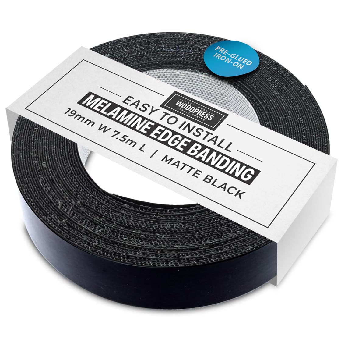WoodPress® 19mm Matt Black Melamine Edging, Pre-Glued Veneer Tape – 7.5m Roll - Iron-On for Easy DIY Application – Will Cover the Edge of a Standard MDF Panel
